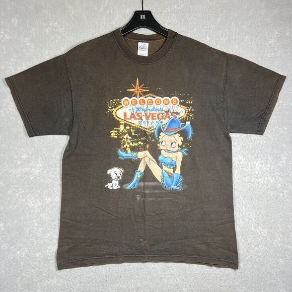 Vintage Betty Boop T-shirt L Black Faded Las Vegas Strip Cartoon Graphic 2001